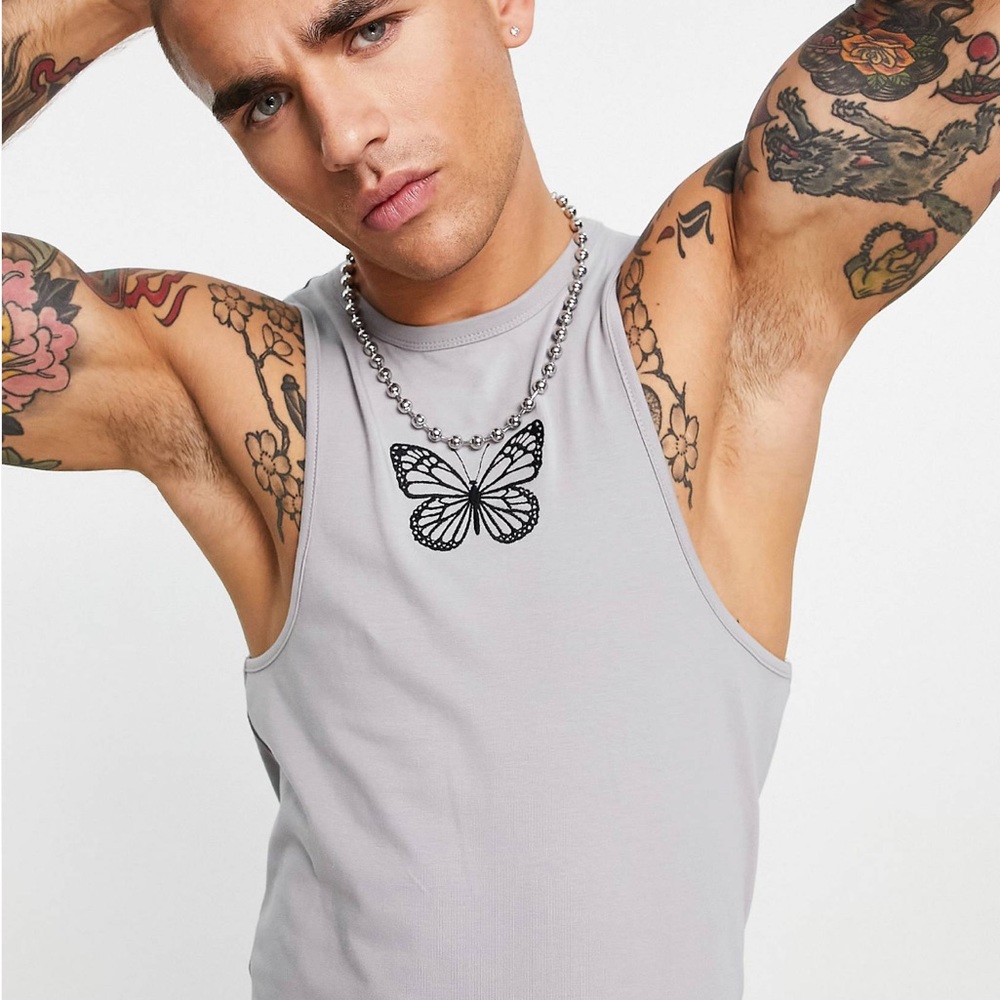 BUTTERFLY EMBROIDERY 🦋 TANK TOP in Light Grey